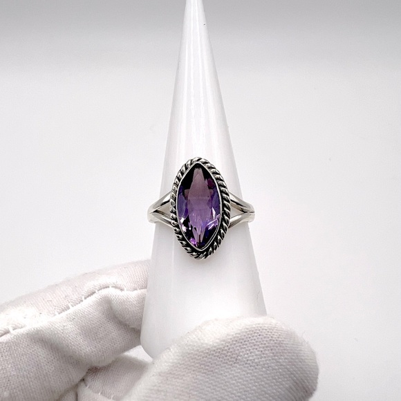 Genuine Faceted Marquise Amethyst .925 Sterling Silver Ring - Picture 12 of 17
